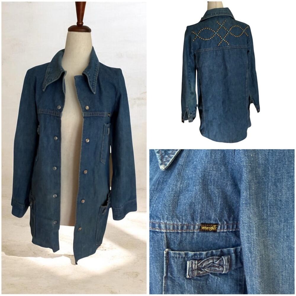 Vintage Wrangler Embellished Long Denim Blue Jean Jacket Pearl Button